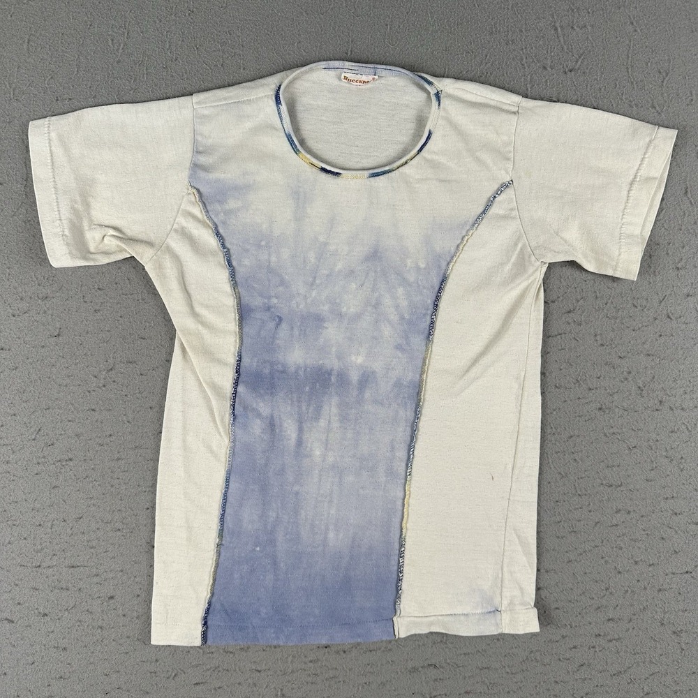 Vintage 70s Buccaneer Panel Knit T Shirt Women's XS Blue‎ White Tie Dye Hippie